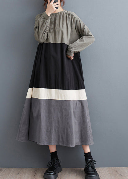 Black O Neck Patchwork Cotton Long Dress Fall Qa056