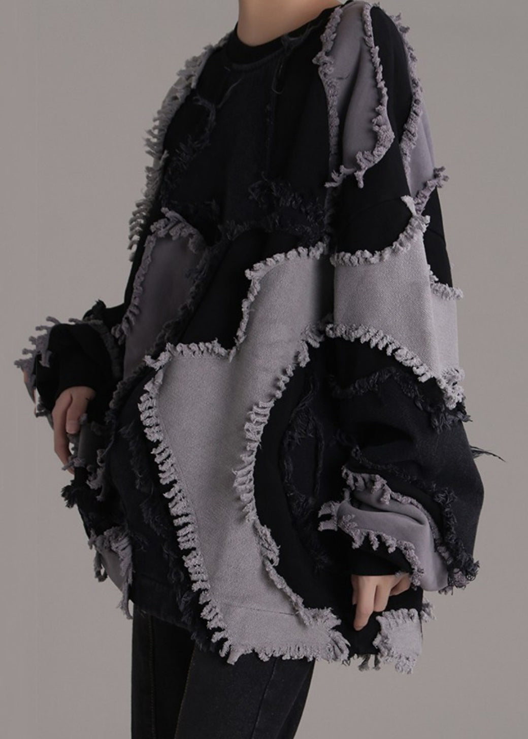 Black O-neck Patchwork Cotton Sweatshirts Long Sleeve Ab1047