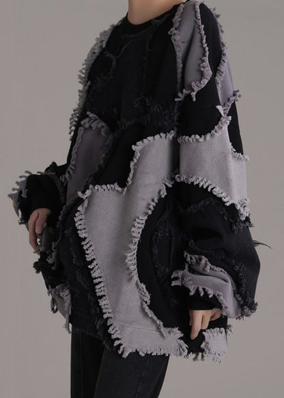 Black O-neck Patchwork Cotton Sweatshirts Long Sleeve Ab1047