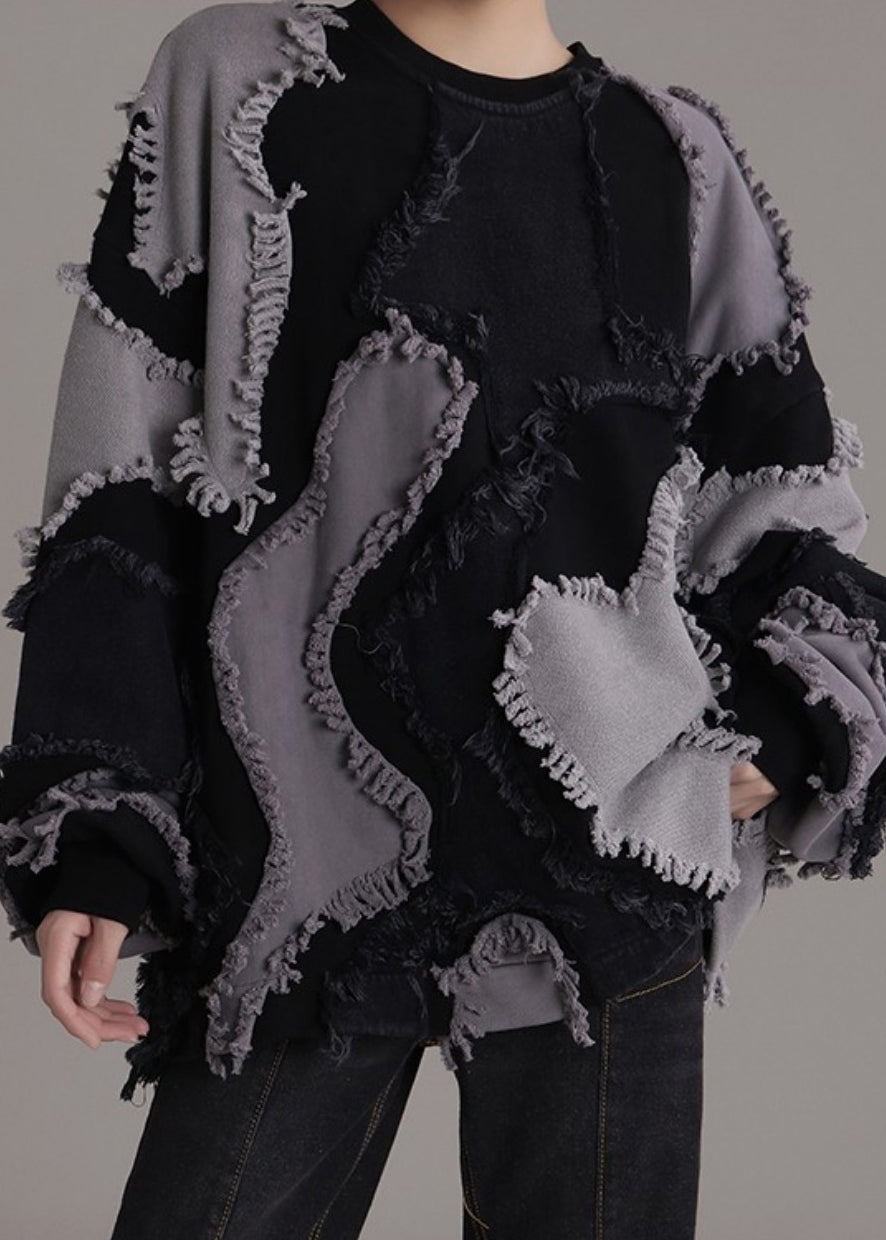 Black O-neck Patchwork Cotton Sweatshirts Long Sleeve Ab1047