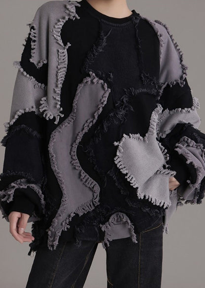 Black O-neck Patchwork Cotton Sweatshirts Long Sleeve Ab1047
