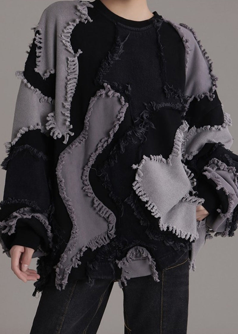 Black O-neck Patchwork Cotton Sweatshirts Long Sleeve Ab1047