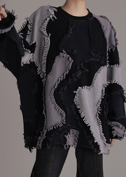 Black O-neck Patchwork Cotton Sweatshirts Long Sleeve Ab1047