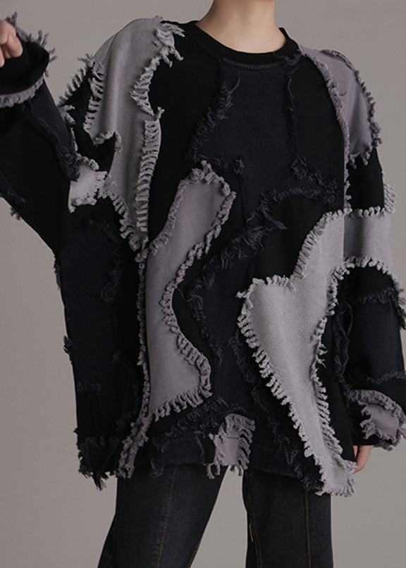 Black O-neck Patchwork Cotton Sweatshirts Long Sleeve Ab1047