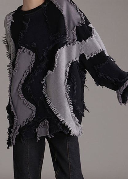 Black O-neck Patchwork Cotton Sweatshirts Long Sleeve Ab1047