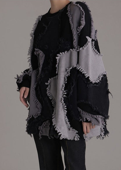 Black O-neck Patchwork Cotton Sweatshirts Long Sleeve Ab1047