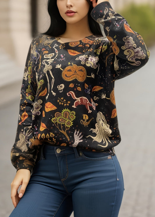 Black O-neck Print Knitting Cotton Sweaters Fall Ae1017