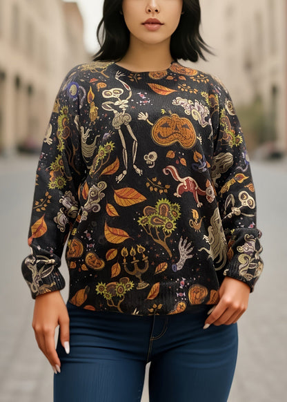 Black O-neck Print Knitting Cotton Sweaters Fall Ae1017