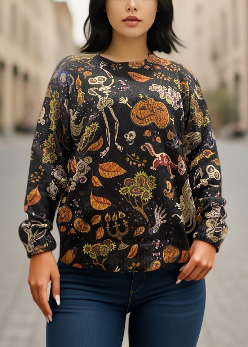 Black O-neck Print Knitting Cotton Sweaters Fall Ae1017
