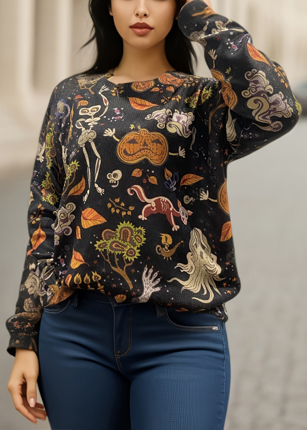 Black O-neck Print Knitting Cotton Sweaters Fall Ae1017