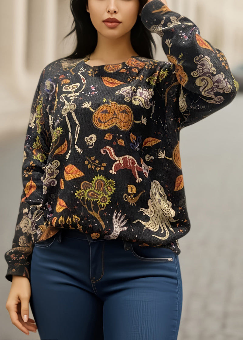 Black O-neck Print Knitting Cotton Sweaters Fall Ae1017