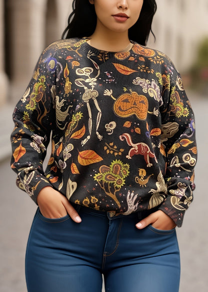 Black O-neck Print Knitting Cotton Sweaters Fall Ae1017