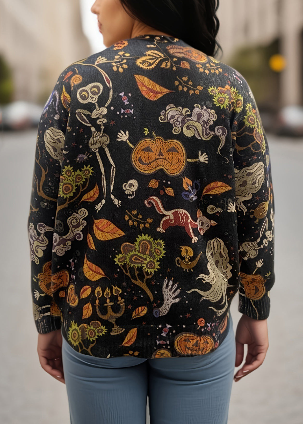 Black O-neck Print Knitting Cotton Sweaters Fall Ae1017