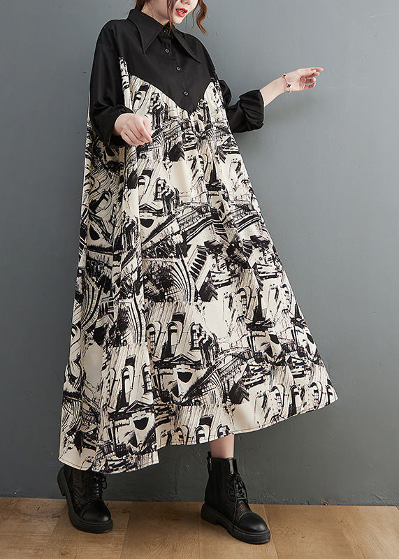 Black Peter Pan Collar Print Patchwork Button Maxi Dress Long Sleeve Ac2008