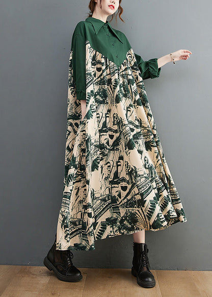 Black Peter Pan Collar Print Patchwork Button Maxi Dress Long Sleeve Ac2008