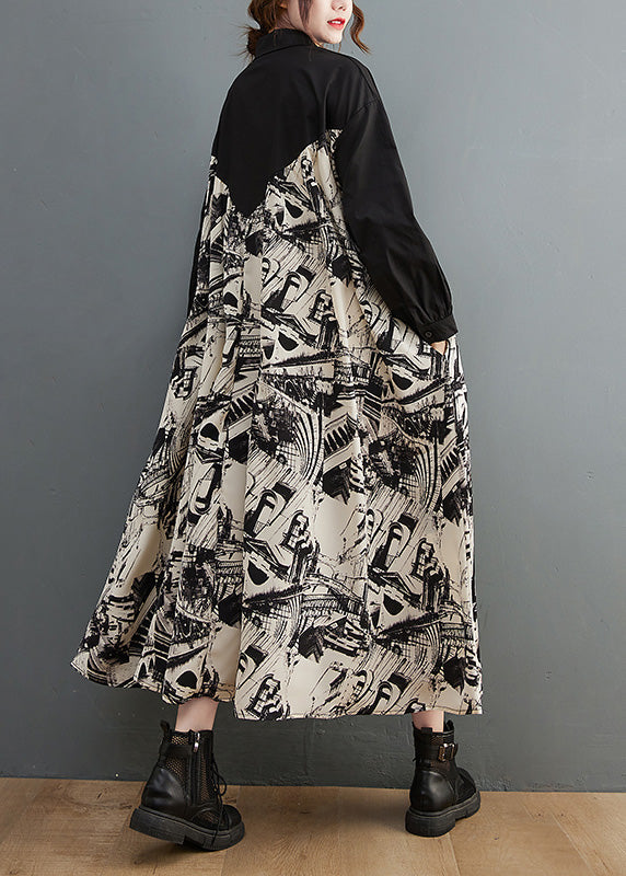 Black Peter Pan Collar Print Patchwork Button Maxi Dress Long Sleeve Ac2008