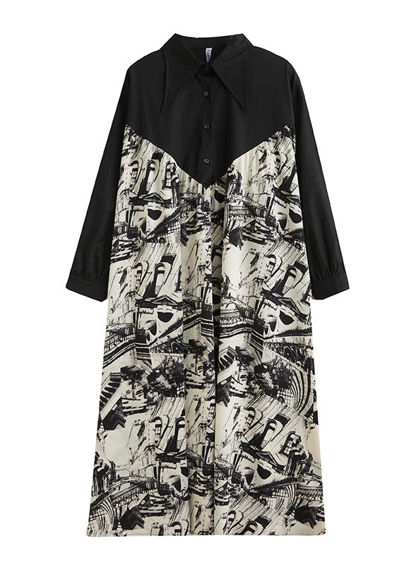 Black Peter Pan Collar Print Patchwork Button Maxi Dress Long Sleeve Ac2008