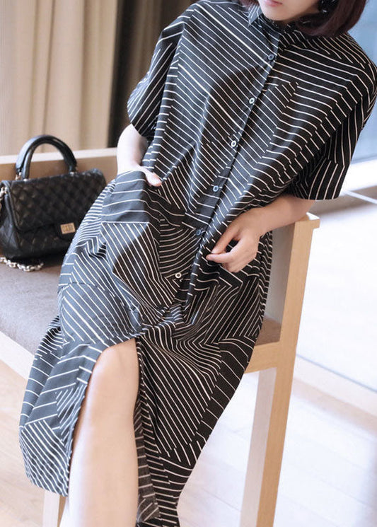 Black Peter Pan Collar Striped Maxi Dresses Summer Ly1407