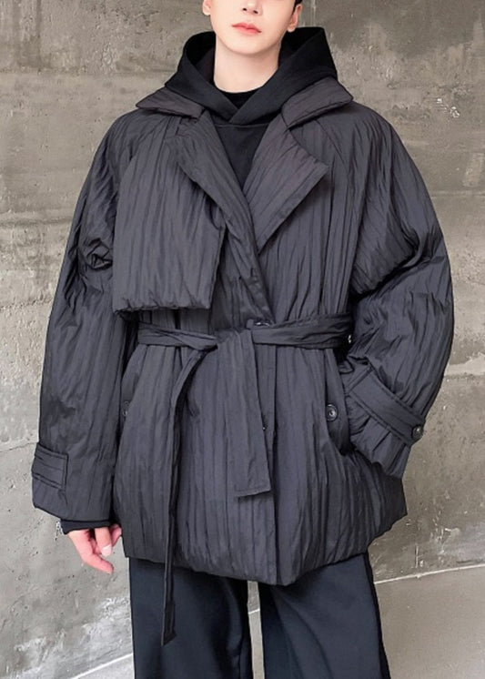 Black Peter Pan Collar Tie Waist Duck Down Coats Winter Wl004