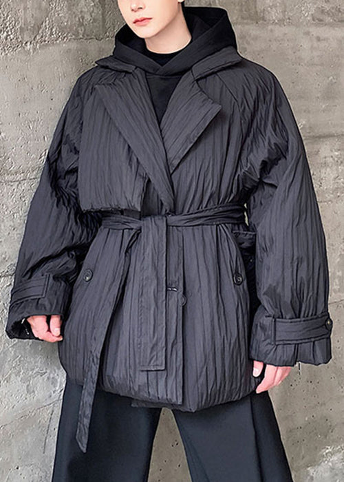 Black Peter Pan Collar Tie Waist Duck Down Coats Winter Wl004