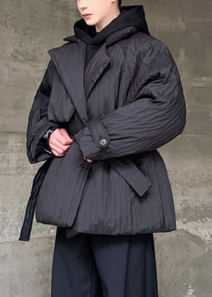 Black Peter Pan Collar Tie Waist Duck Down Coats Winter Wl004
