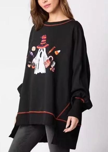 Black Sequins Low High Design Cotton Sweatshirt Ae1025
