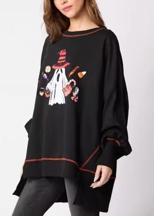 Black Sequins Low High Design Cotton Sweatshirt Ae1025