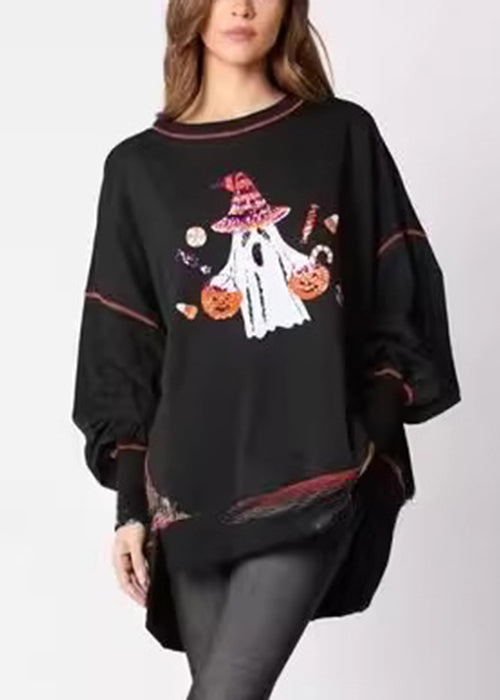 Black Sequins Low High Design Cotton Sweatshirt Ae1025