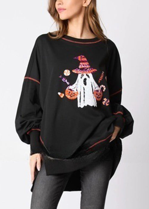 Black Sequins Low High Design Cotton Sweatshirt Ae1025