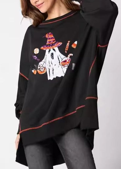 Black Sequins Low High Design Cotton Sweatshirt Ae1025