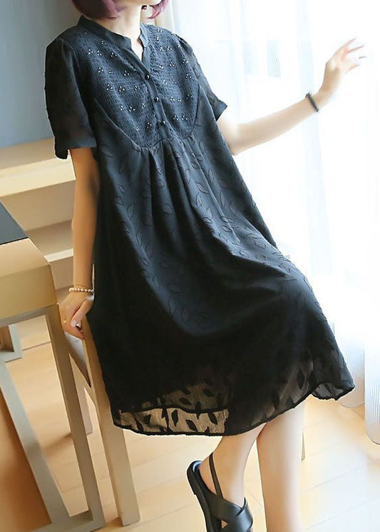 Black Stand Collar Patchwork Jacquard Chiffon Maxi Dresses Summer Ly1420