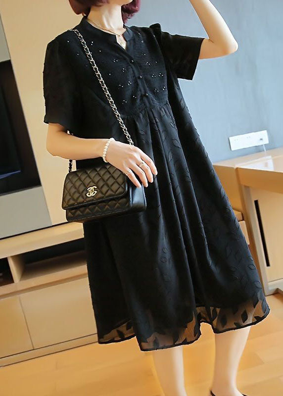 Black Stand Collar Patchwork Jacquard Chiffon Maxi Dresses Summer Ly1420