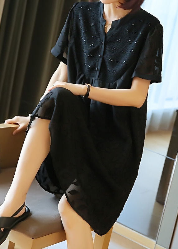 Black Stand Collar Patchwork Jacquard Chiffon Maxi Dresses Summer Ly1420