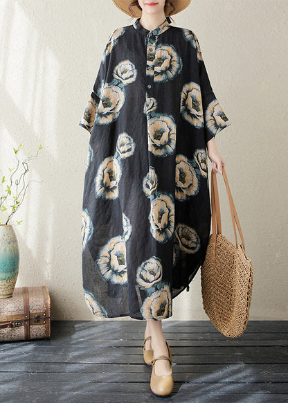 Black Stand Collar Print Long Dress Long Sleeve Ap067