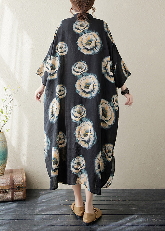 Black Stand Collar Print Long Dress Long Sleeve Ap067