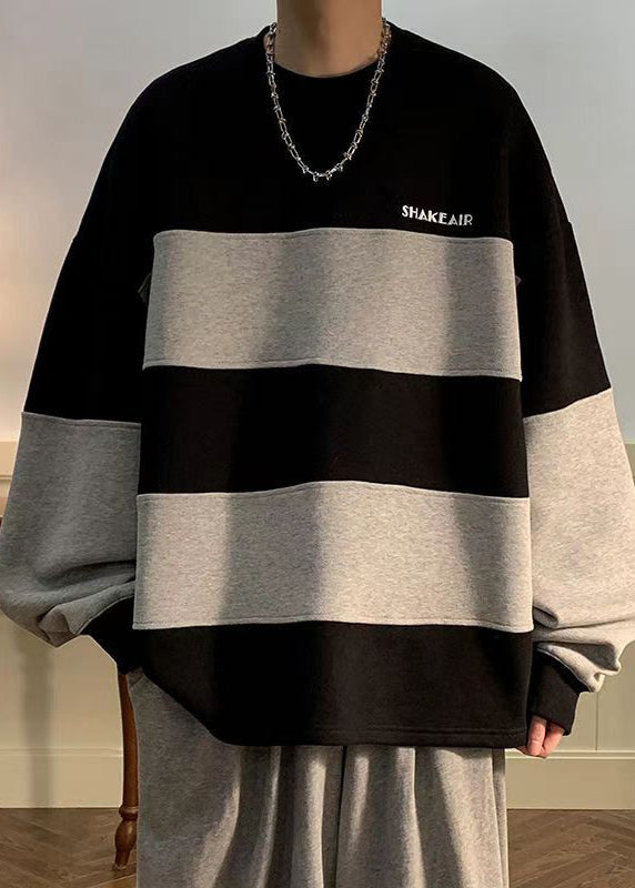 Black Striped Patchwork Cotton Sweatshirt Fall Rp059