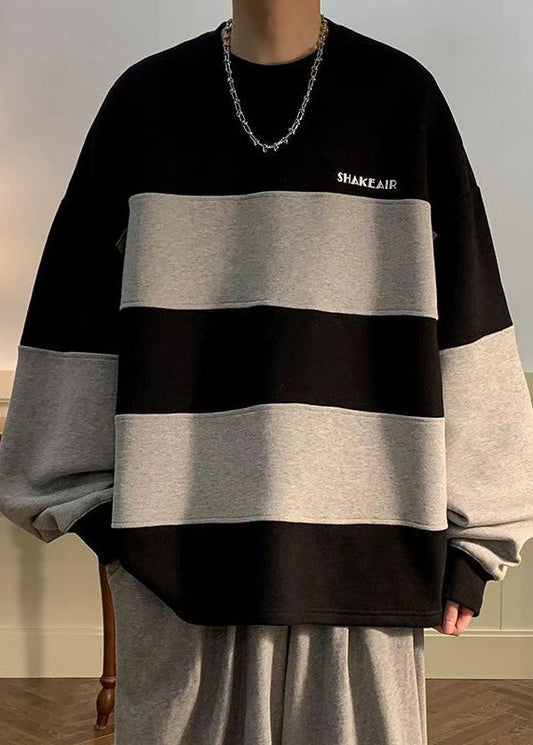 Black Striped Patchwork Cotton Sweatshirt Fall Rp059
