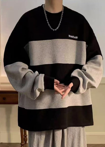 Black Striped Patchwork Cotton Sweatshirt Fall Rp059