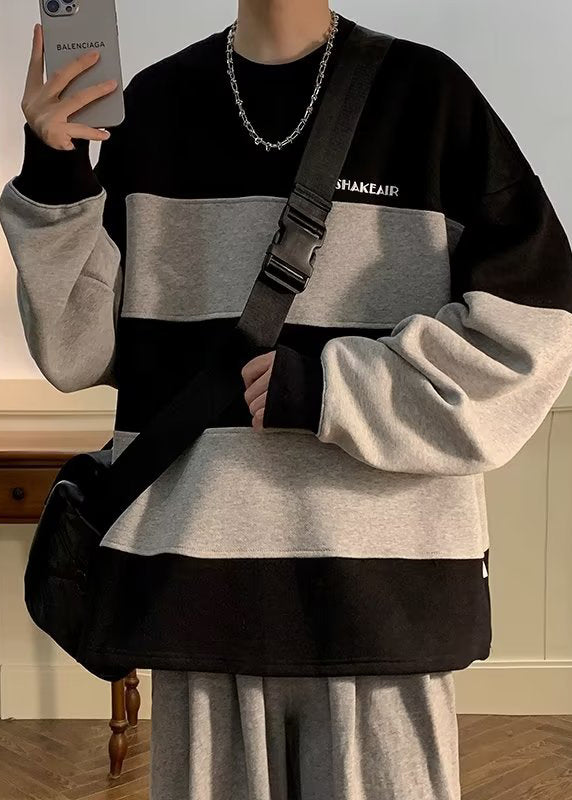 Black Striped Patchwork Cotton Sweatshirt Fall Rp059