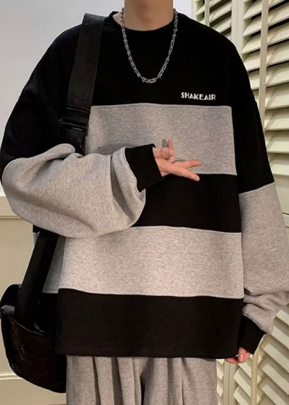 Black Striped Patchwork Cotton Sweatshirt Fall Rp059