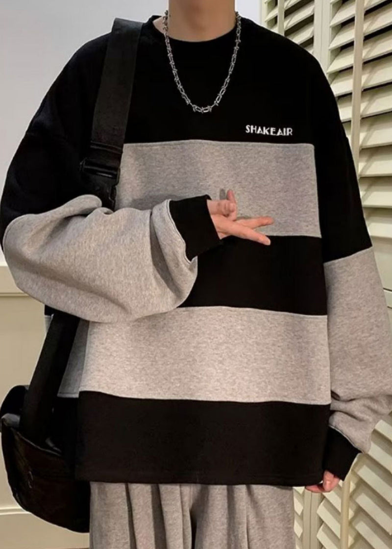 Black Striped Patchwork Cotton Sweatshirt Fall Rp059