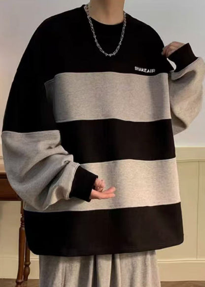 Black Striped Patchwork Cotton Sweatshirt Fall Rp059
