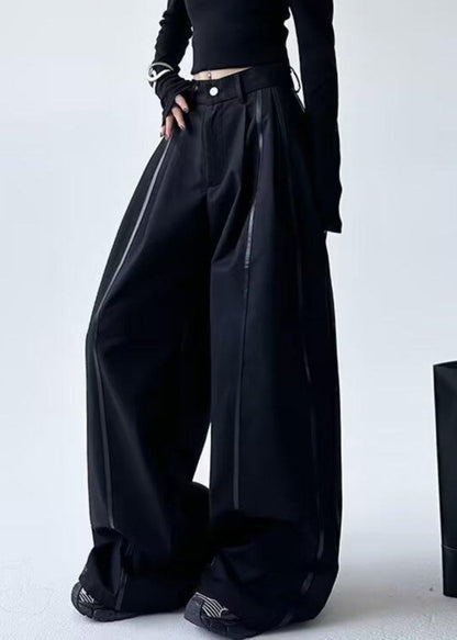 Black Striped Patchwork Pockets Lantern Pants Spring Ta045