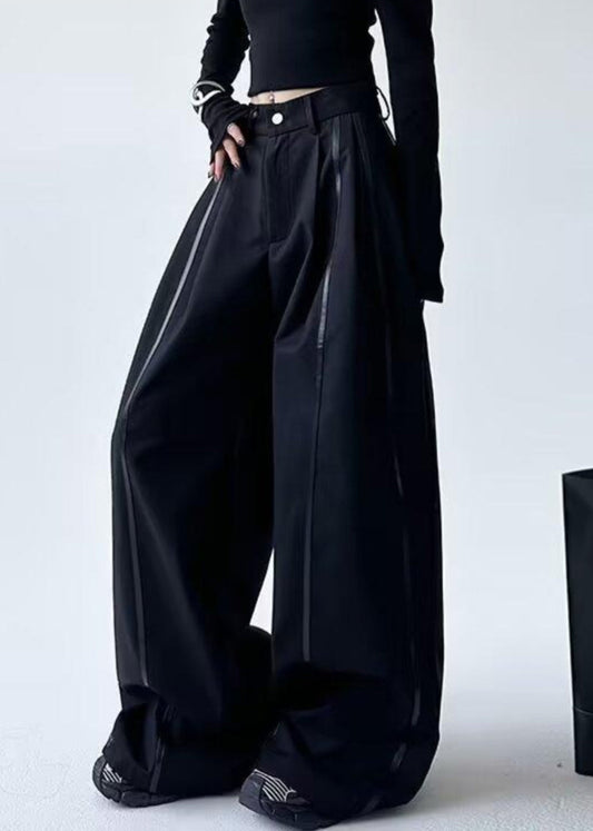 Black Striped Patchwork Pockets Lantern Pants Spring Ta045