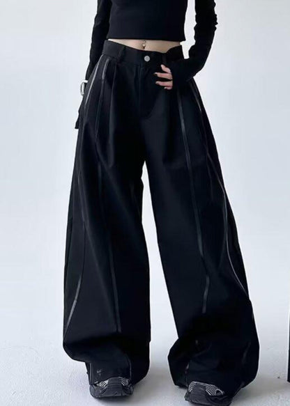 Black Striped Patchwork Pockets Lantern Pants Spring Ta045