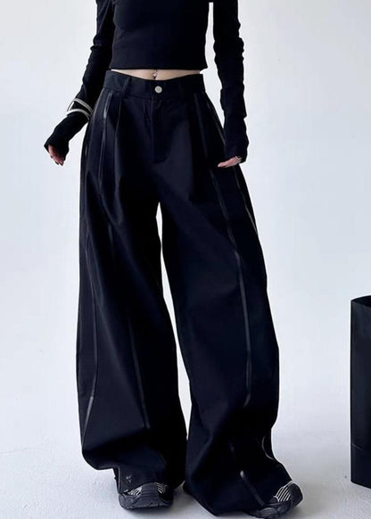 Black Striped Patchwork Pockets Lantern Pants Spring Ta045
