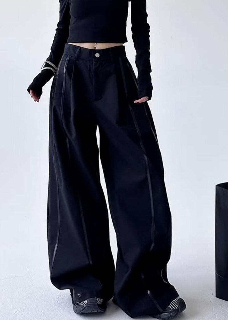 Black Striped Patchwork Pockets Lantern Pants Spring Ta045