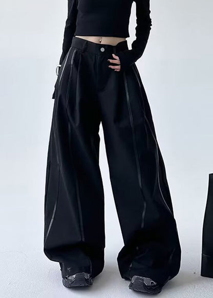 Black Striped Patchwork Pockets Lantern Pants Spring Ta045