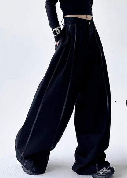 Black Striped Patchwork Pockets Lantern Pants Spring Ta045