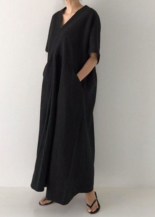 Black V Neck Oversized Linen Long Dress Short Sleeve Ly1328